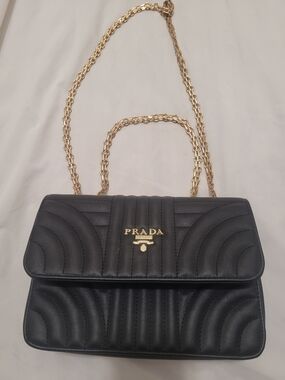 Prada Black Quilted Leather Shoulder Bag with Gold Chain